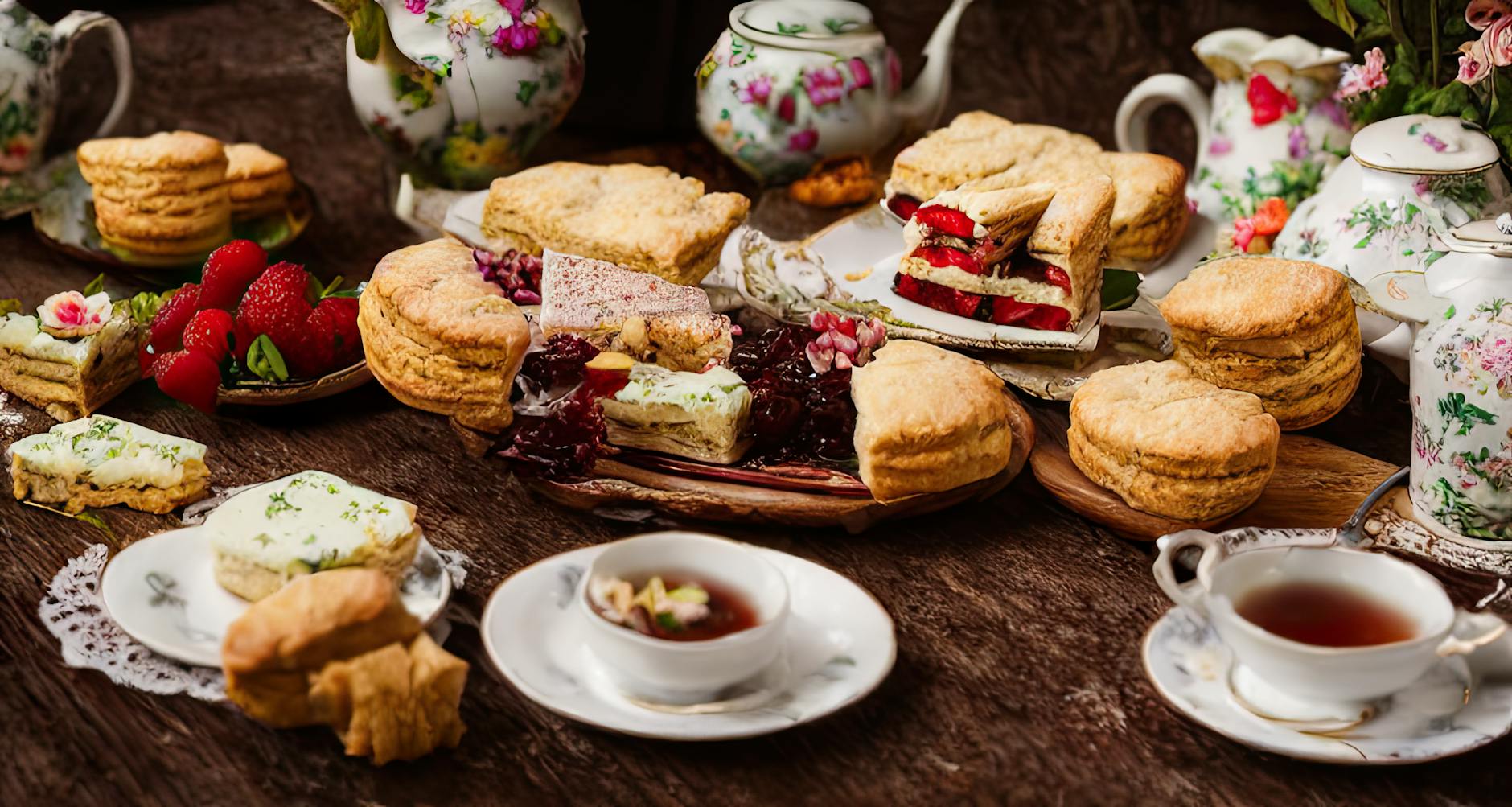 A beautifully presented afternoon tea with scones, sandwiches and pastries