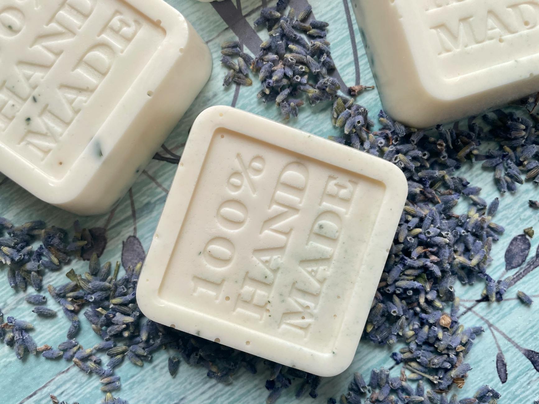 Lavender products including soaps and candles in a rustic gift shop