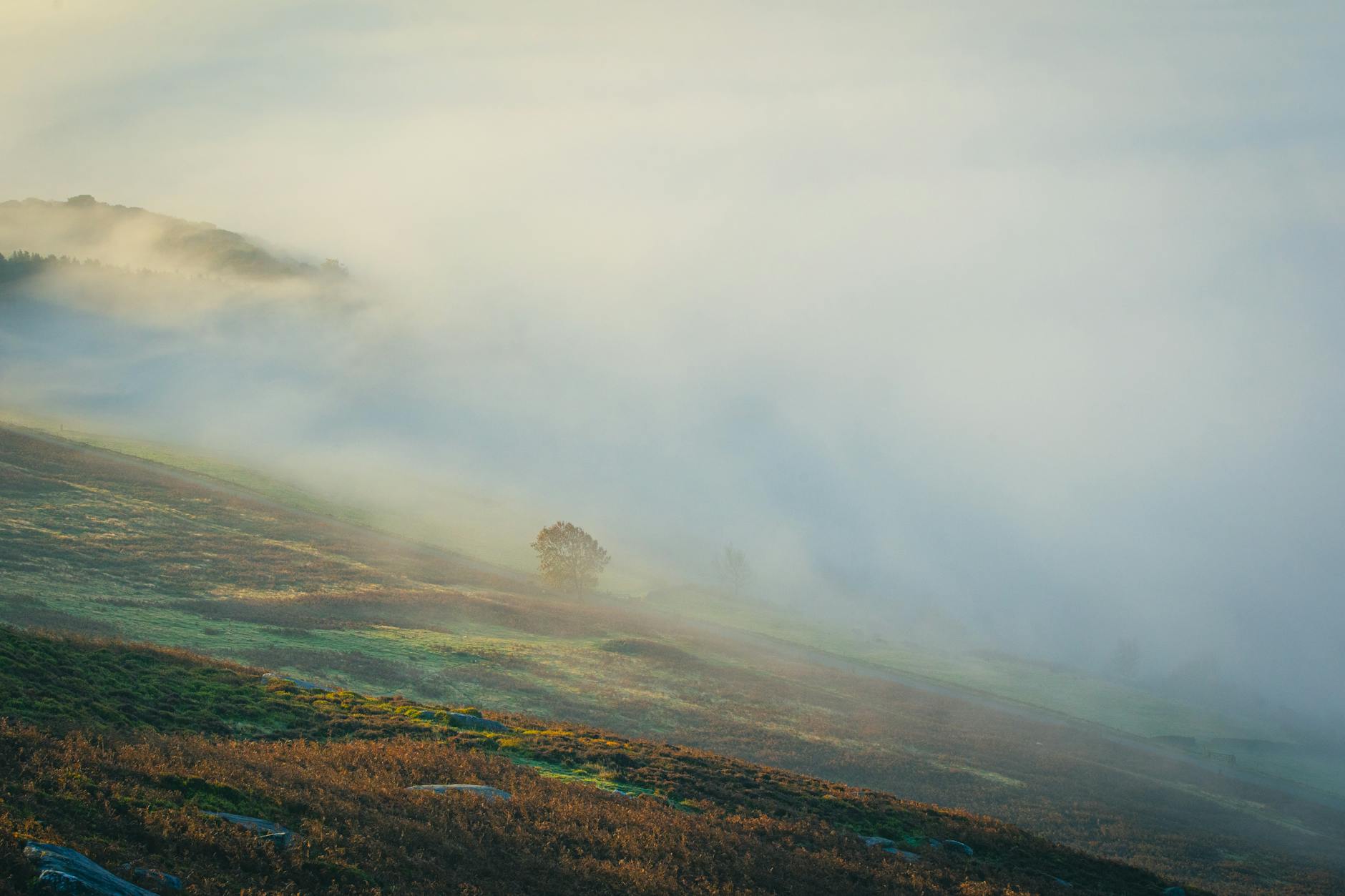 Mist rolling over the Cotswolds hills on an early morning