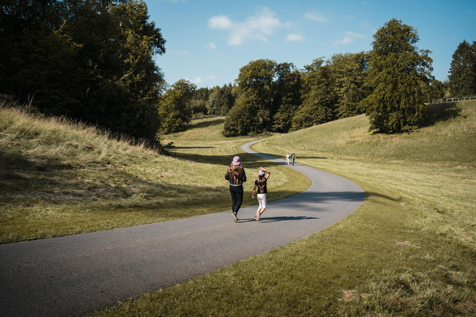 Visitors walking a tree-lined path through parkland at Woodstock near Blenheim Palace
