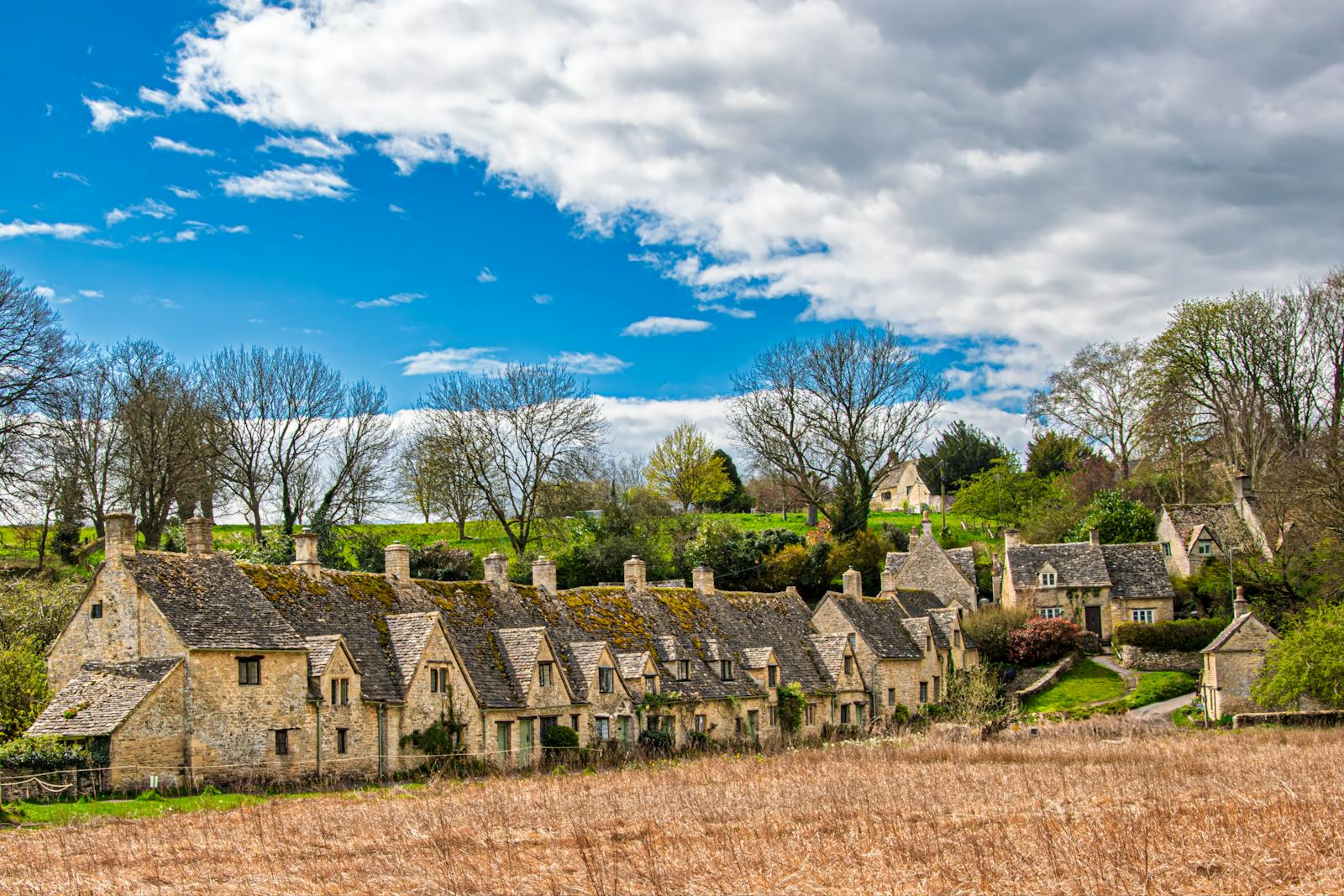 Traditional honey-coloured Cotswold stone houses lining a quiet village street in spring
