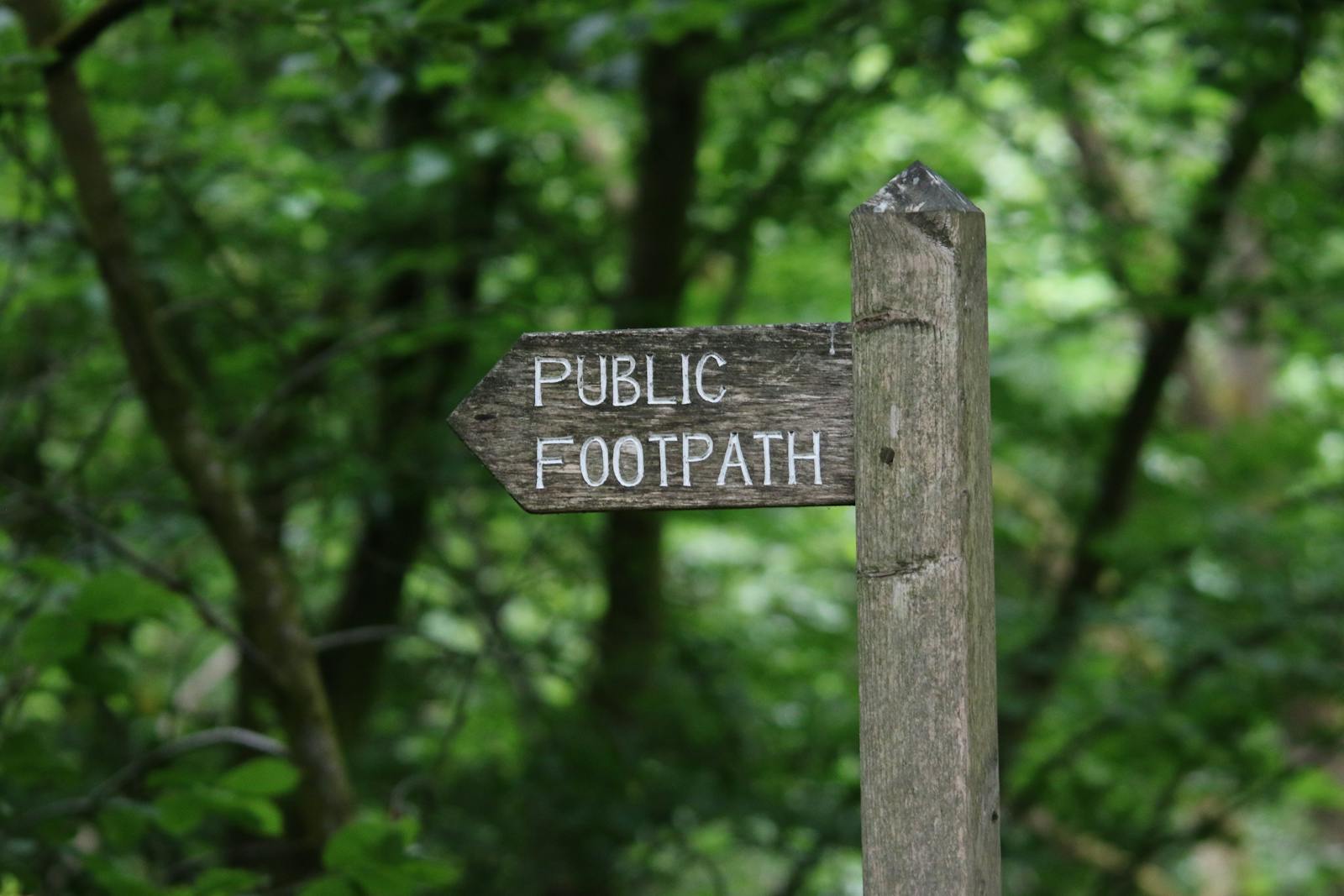 A rustic wooden footpath signpost pointing the way along a countryside trail