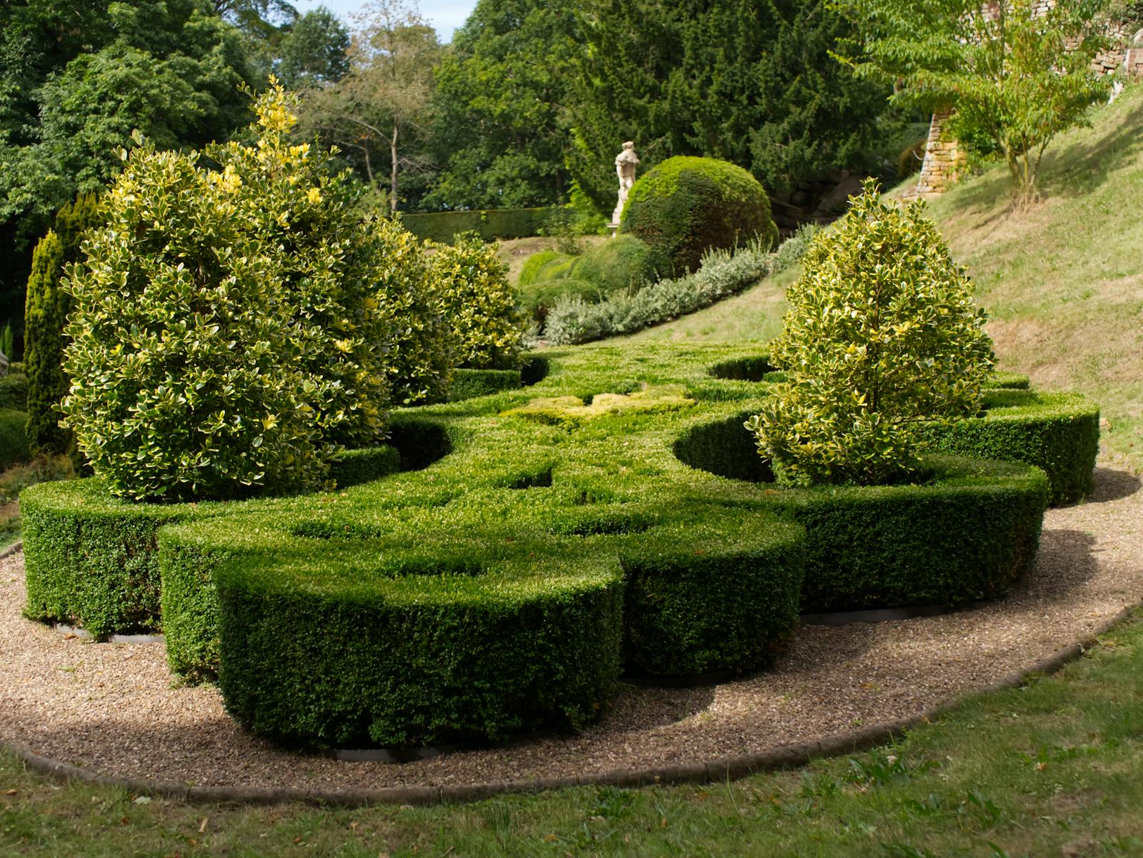 A formal knot garden with clipped box hedges and topiary