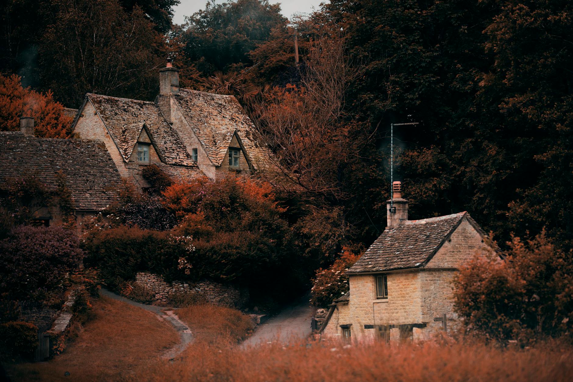 Honey-coloured Cotswold stone cottages framed by vibrant autumn foliage in Bibury