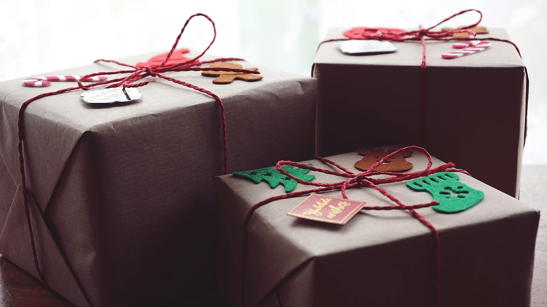 Beautifully wrapped Christmas gifts bought in the Cotswolds