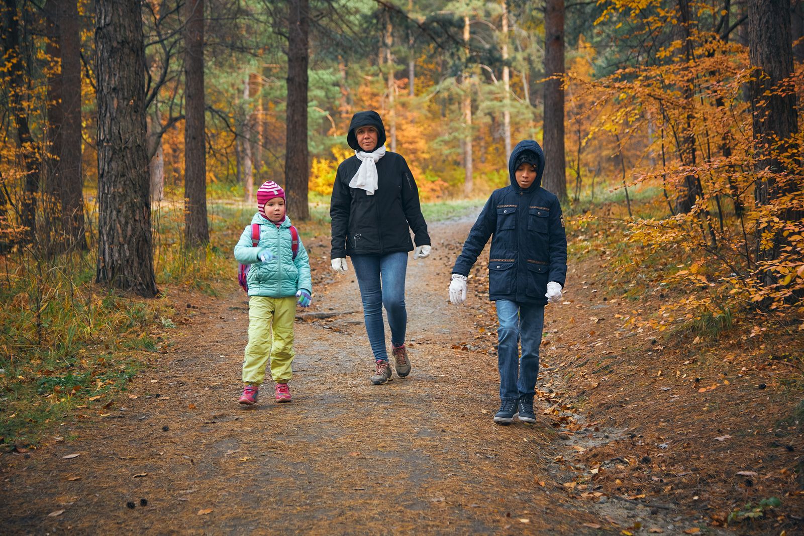 A mother and her two children walking along a countryside trail