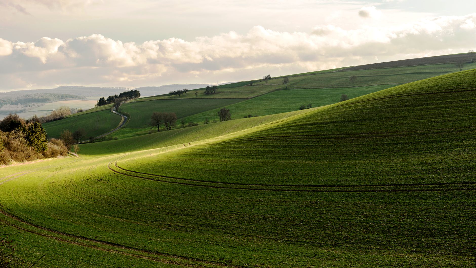 Rolling green Cotswold hills under a cloudy sky in south-central England