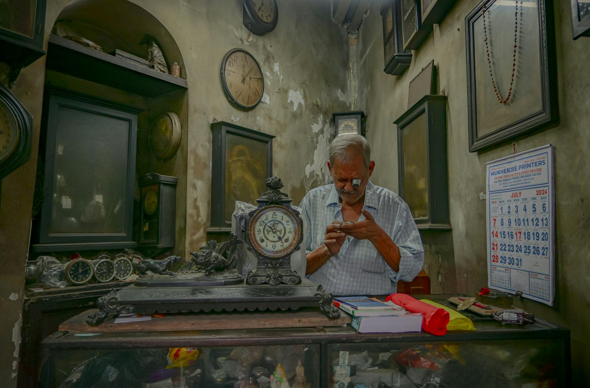 Browsing an antique clock shop in Stow-on-the-Wold