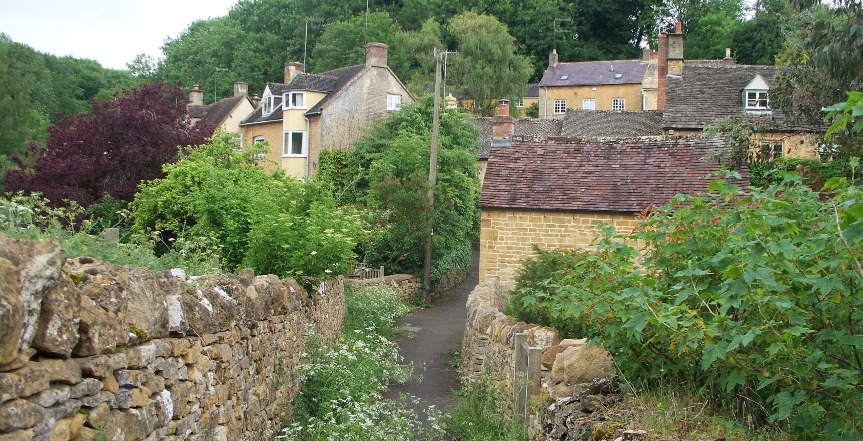 A narrow lane between dry-stone walls and cow parsley in Blockley, leading towards honey-coloured stone cottages that climb a wooded valley side