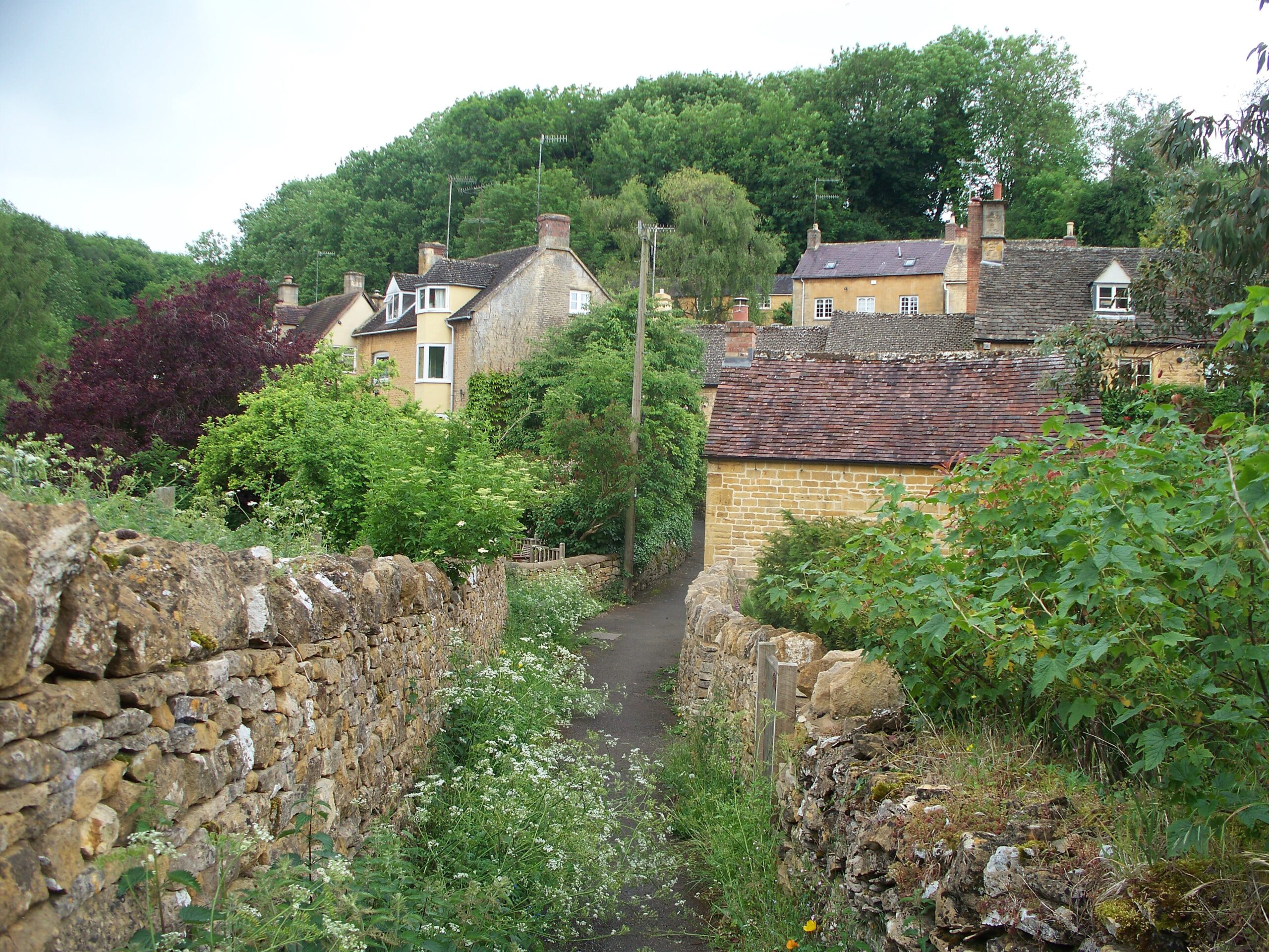 A narrow lane between dry-stone walls and cow parsley in Blockley, leading towards honey-coloured stone cottages that climb a wooded valley side