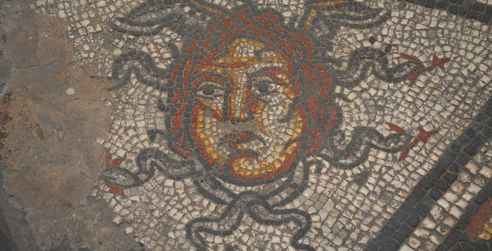 A Roman mosaic head with tendrils of hair from the Hunting Dogs mosaic at the Corinium Museum, Cirencester