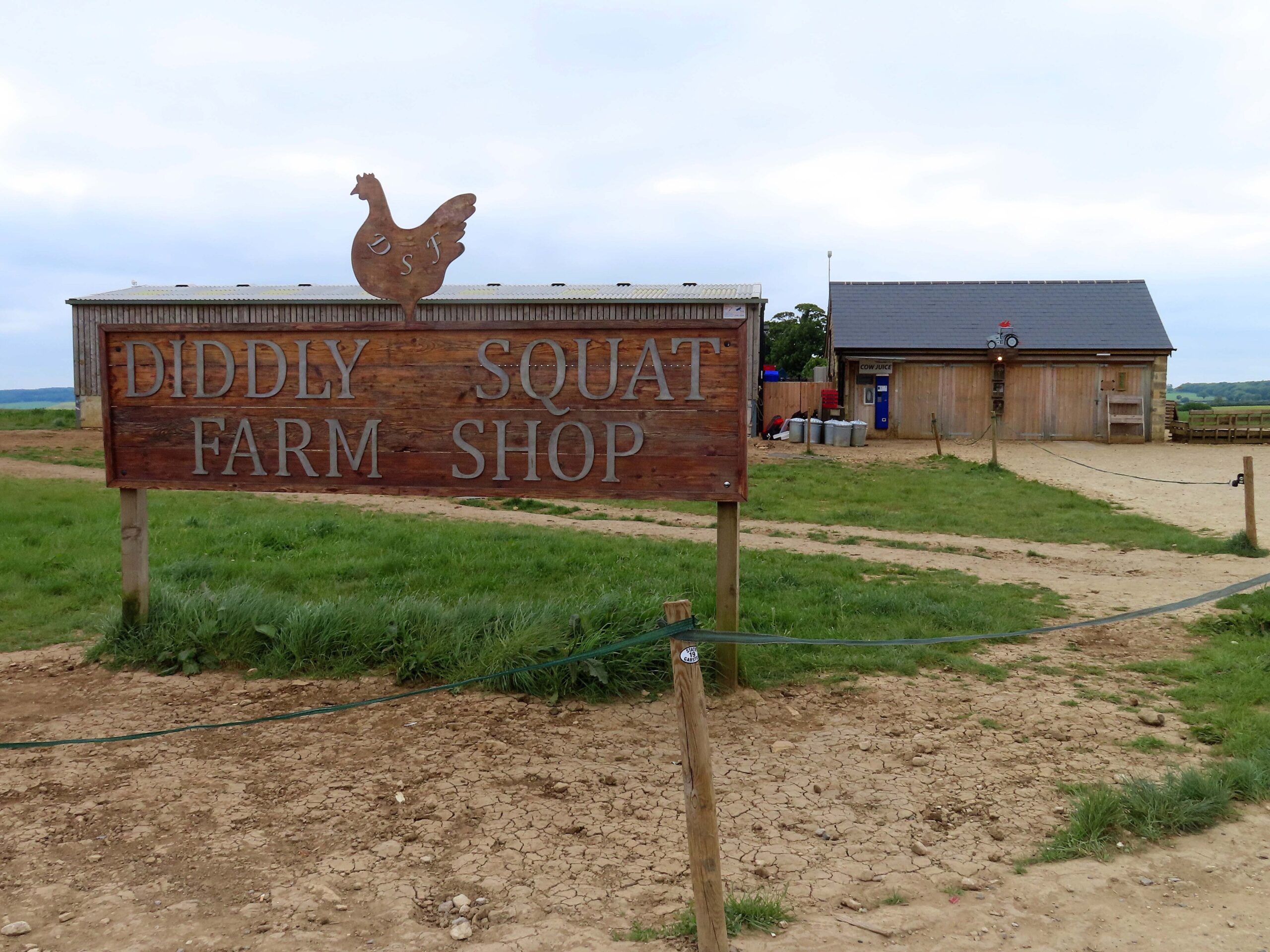 The large wooden Diddly Squat Farm Shop sign topped with a metal hen, with the timber and stone shop barn behind it on the farm near Chadlington